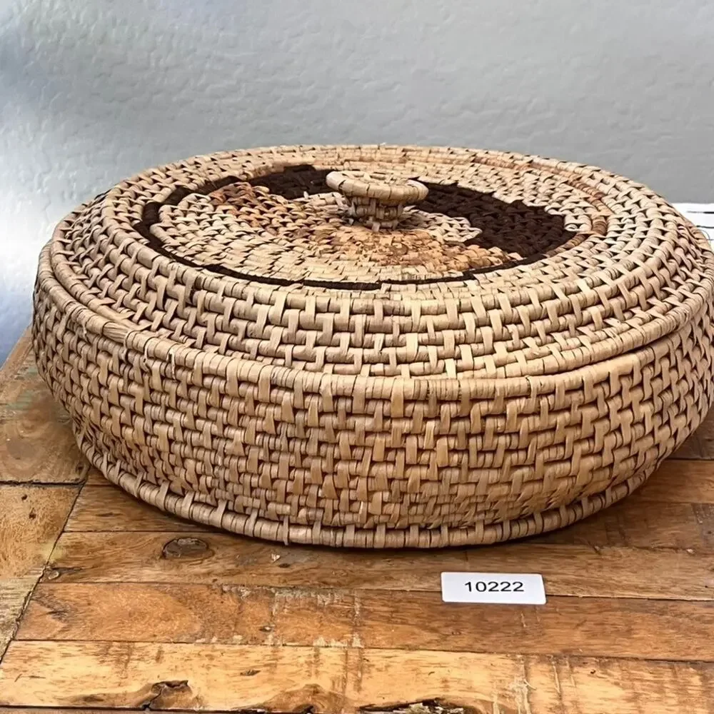 Coiled Pine Needle Round Lidded Basket 15.5